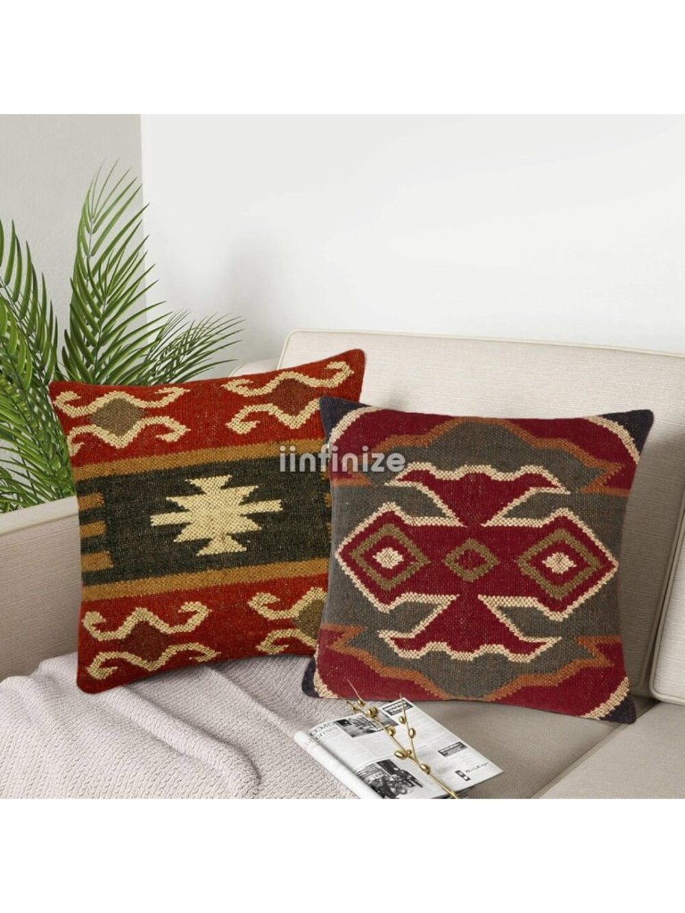 Vintage Decorative Throw Pillow Covers Set of 2 | Handmade Wool Jute Kilim 18x18